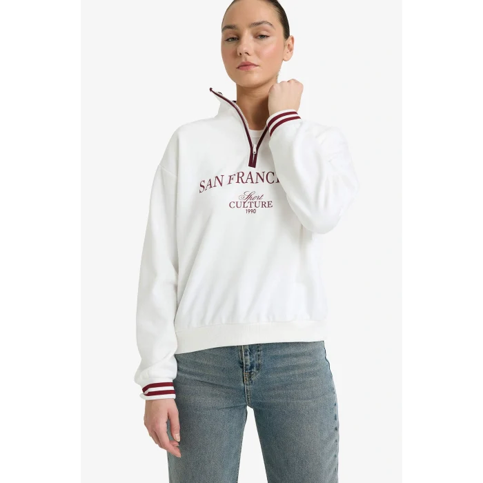 Defacto G7048AXER238 Ekru Relax Fit Polo Yaka Baskılı Kalın Sweatshirt