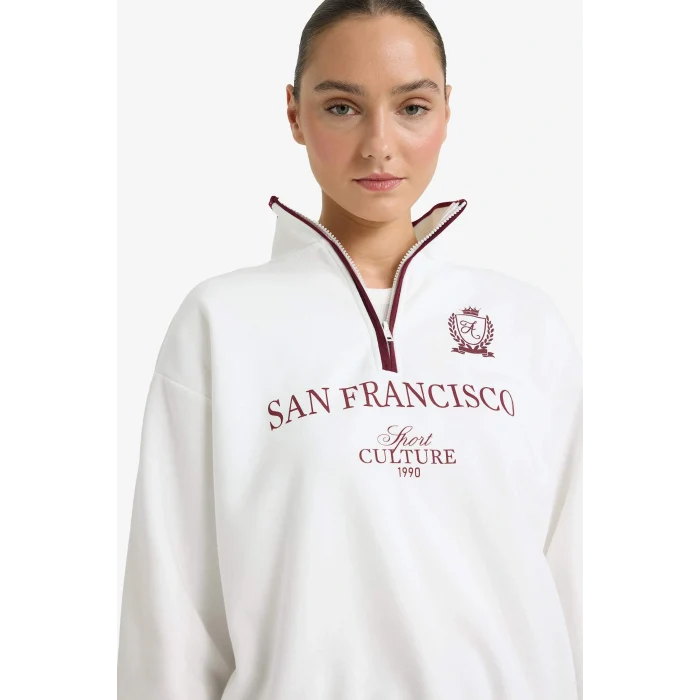 Defacto G7048AXER238 Ekru Relax Fit Polo Yaka Baskılı Kalın Sweatshirt