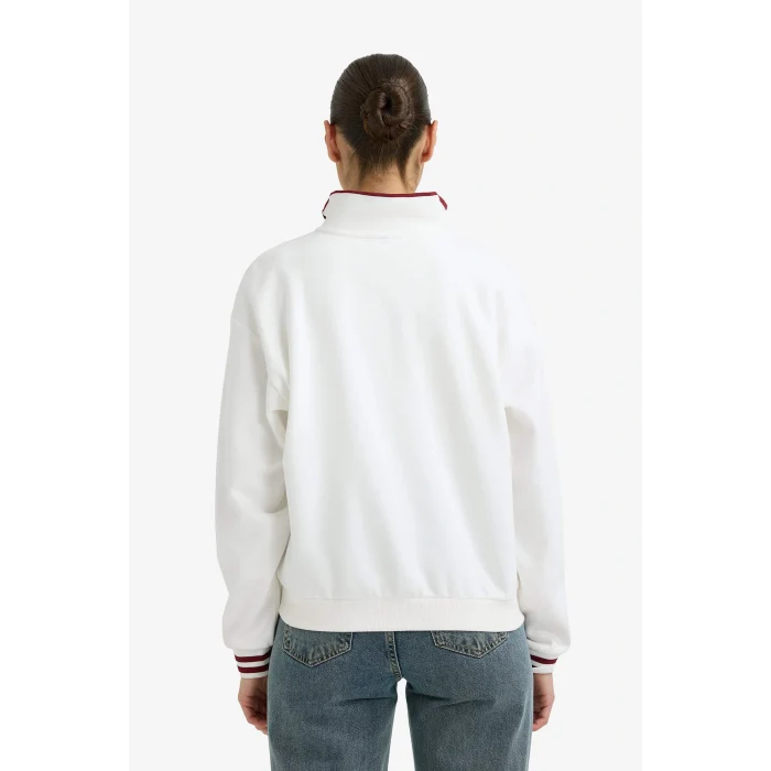 Defacto G7048AXER238 Ekru Relax Fit Polo Yaka Baskılı Kalın Sweatshirt