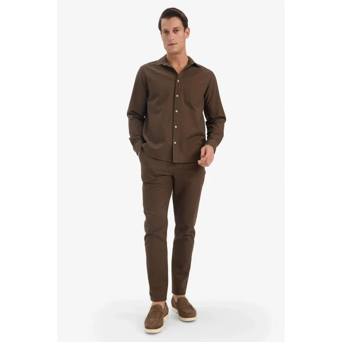 Defacto D2671AXBN534 Kahve %100 Pamuk Slim Fit Beli Lastikli Keten Görünümlü Cepli Düz Paça Jogger Pantolon