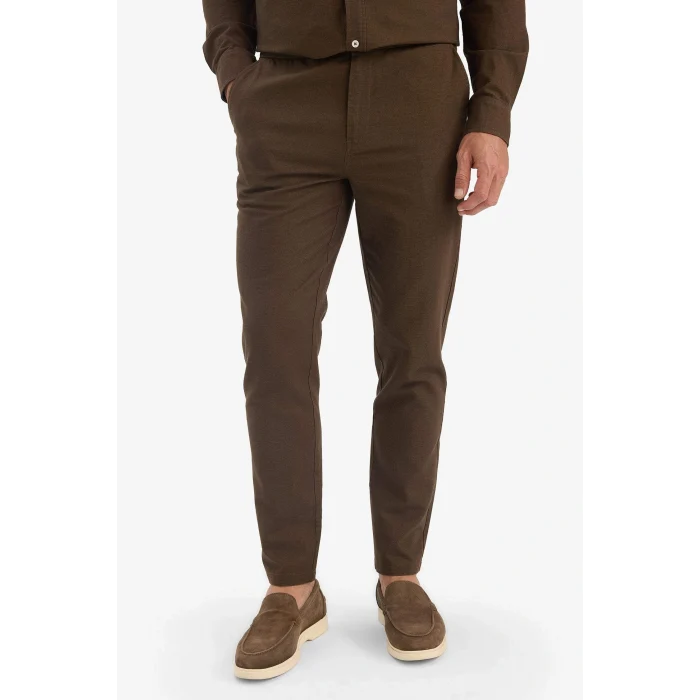 Defacto D2671AXBN534 Kahve %100 Pamuk Slim Fit Beli Lastikli Keten Görünümlü Cepli Düz Paça Jogger Pantolon