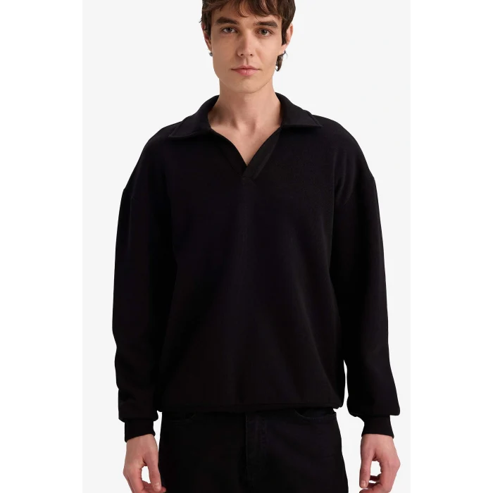 Defacto G6475AXBK81 Siyah Boxy Fit Polo Yaka Sweatshirt