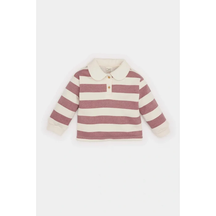 Defacto D6676A5PN429 Pembe Kız Bebek Bebe Yaka İçi Yumuşak Tüylü Çizgili Sweatshirt