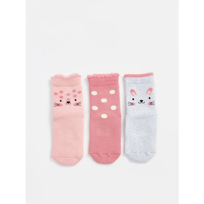LCW baby Pembe Baskılı Kız Bebek Soket Çorap 3lü
