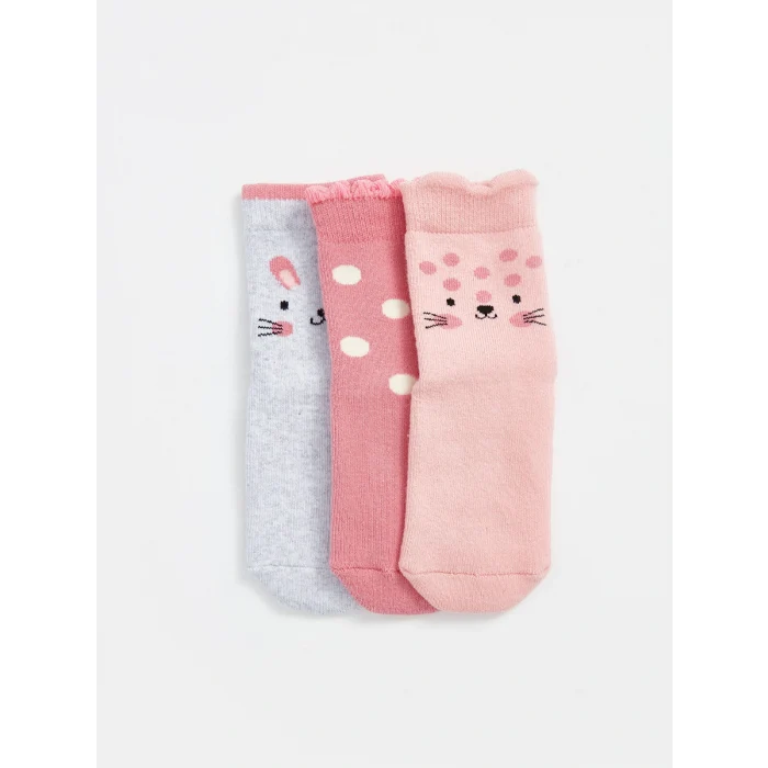 LCW baby Pembe Baskılı Kız Bebek Soket Çorap 3lü