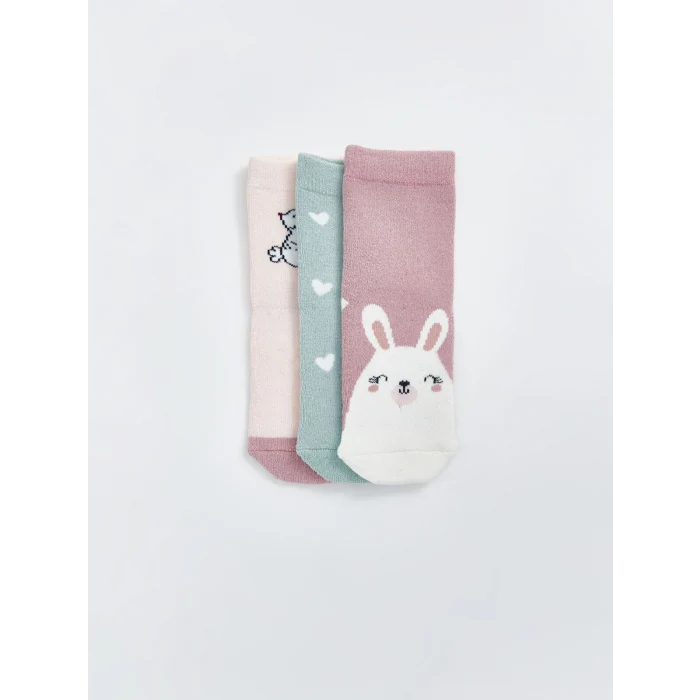 LCW baby Pembe Baskılı Kız Bebek Soket Çorap 3lü