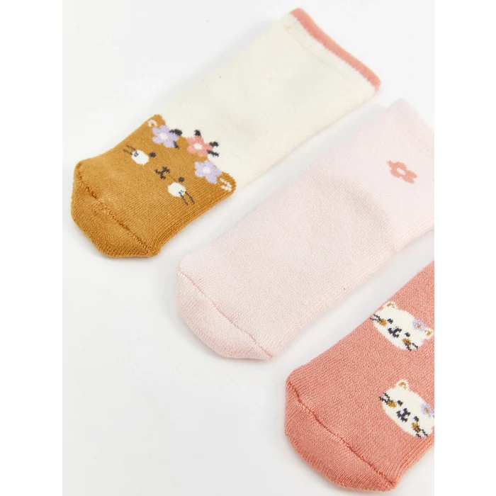 LCW baby Ekru Baskılı Kız Bebek Soket Çorap 3lü