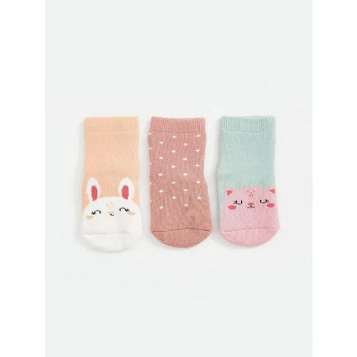 LCW baby Pembe Nakışlı Kız Bebek Soket Çorap 3lü