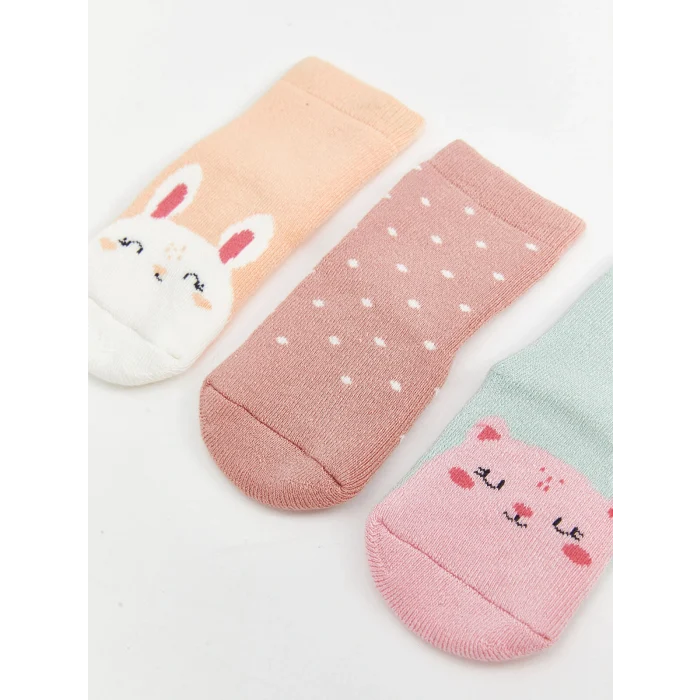 LCW baby Pembe Nakışlı Kız Bebek Soket Çorap 3lü