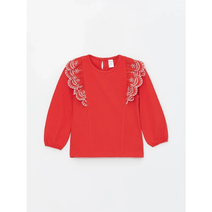 LCW Kids Kırmızı Bisiklet Yaka Fırfır Detaylı Uzun Kollu Tişört