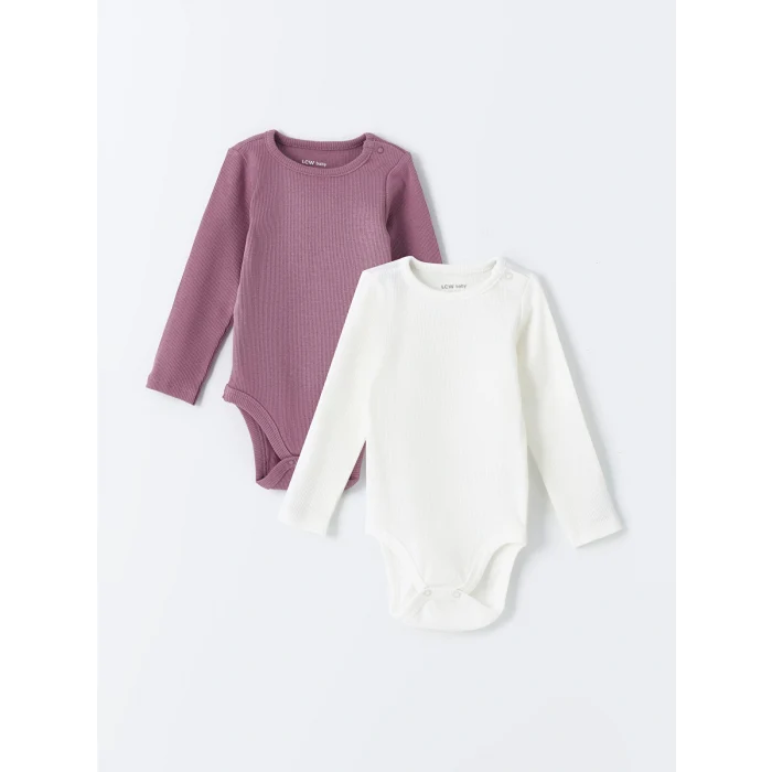 LCW baby Pembe Bisiklet Yaka Uzun Kollu Basic Kız Bebek Çıtçıtlı Bodysuit 2li