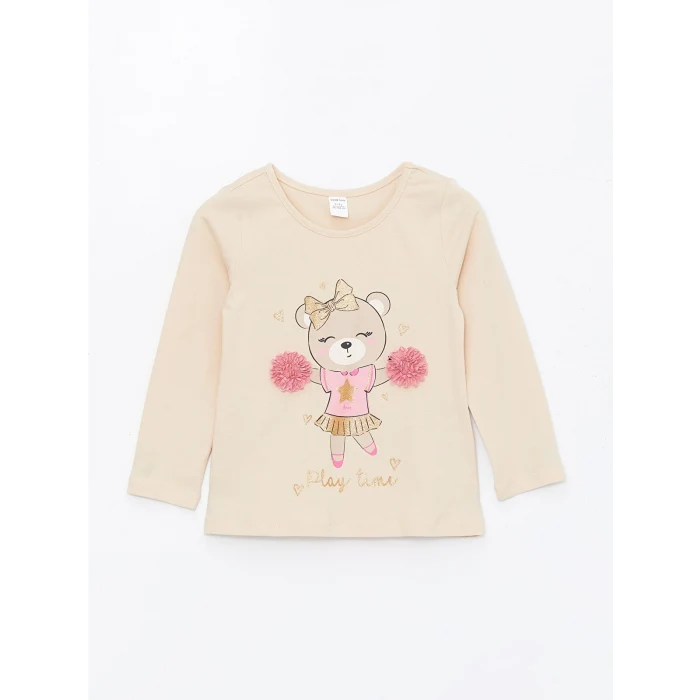 LCW Kids Pembe Bisiklet Yaka Uzun Kollu Baskılı Kız Bebek Tişört