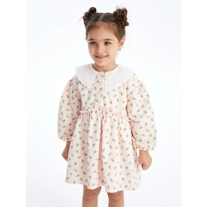LCW Kids Ekru Bebe Yaka Kısa Kollu Çiçek Desenli Kız Bebek Elbise