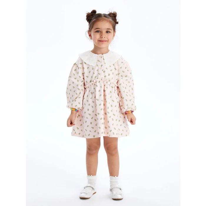 LCW Kids Ekru Bebe Yaka Kısa Kollu Çiçek Desenli Kız Bebek Elbise