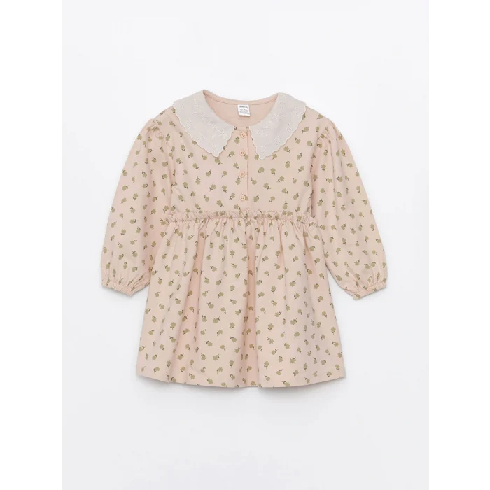 LCW Kids Ekru Bebe Yaka Kısa Kollu Çiçek Desenli Kız Bebek Elbise
