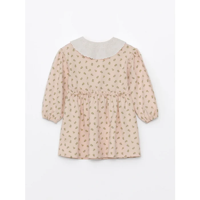 LCW Kids Ekru Bebe Yaka Kısa Kollu Çiçek Desenli Kız Bebek Elbise