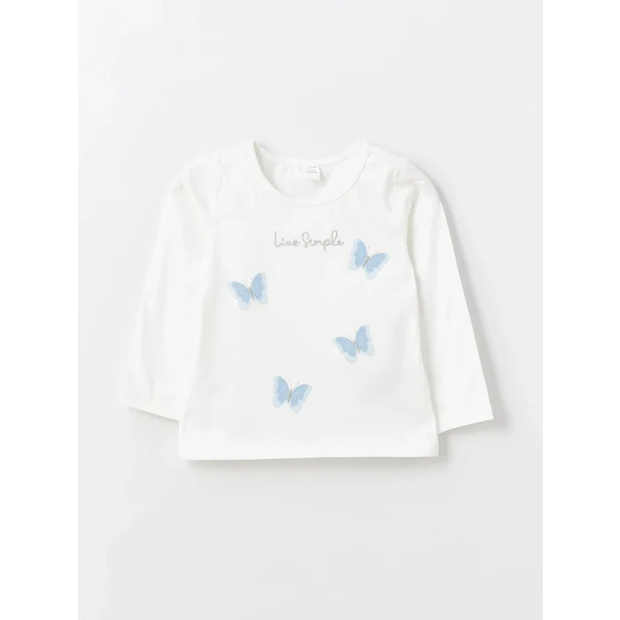 LCW Kids Ekru Bisiklet Yaka Uzun Kollu Baskılı Kız Bebek Tişört