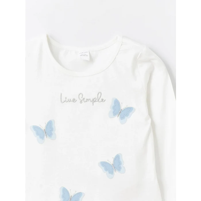 LCW Kids Ekru Bisiklet Yaka Uzun Kollu Baskılı Kız Bebek Tişört