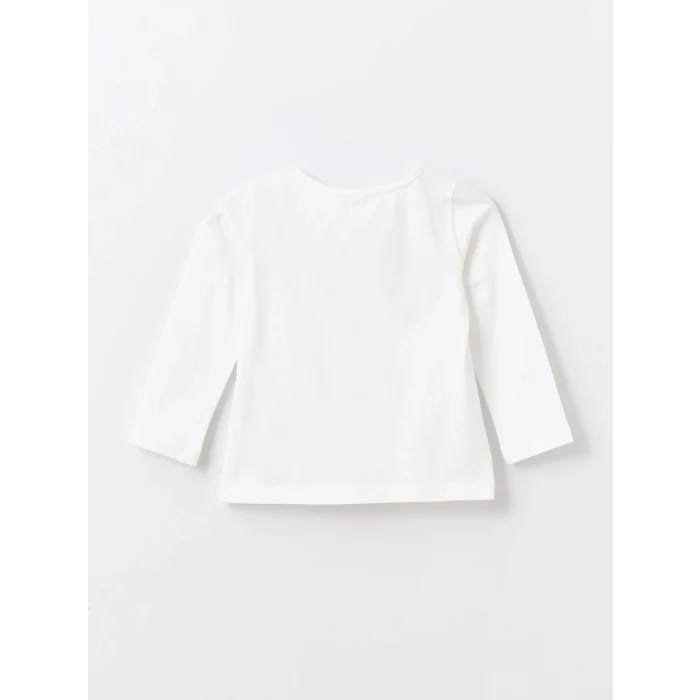 LCW Kids Ekru Bisiklet Yaka Uzun Kollu Baskılı Kız Bebek Tişört