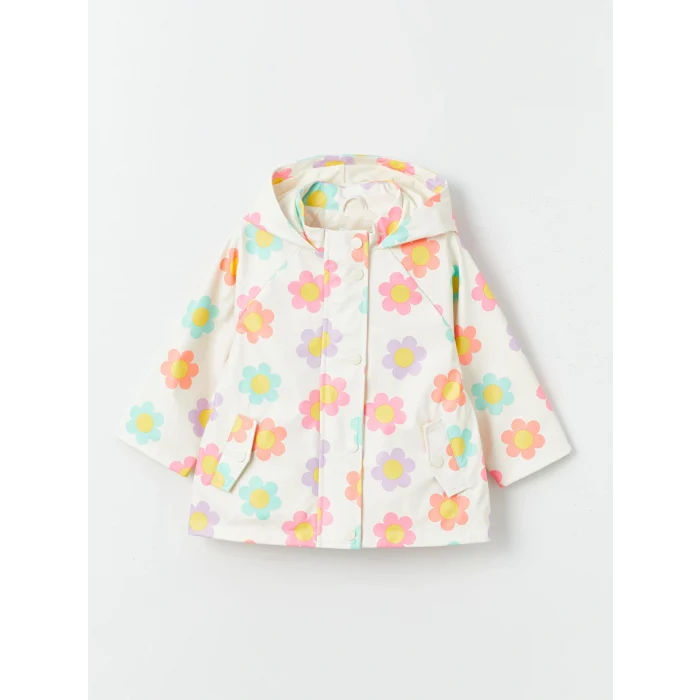 LCW Kids Ekru Kapüşonlu Çiçekli Kız Bebek Yağmurluk