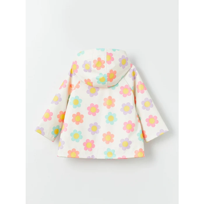 LCW Kids Ekru Kapüşonlu Çiçekli Kız Bebek Yağmurluk