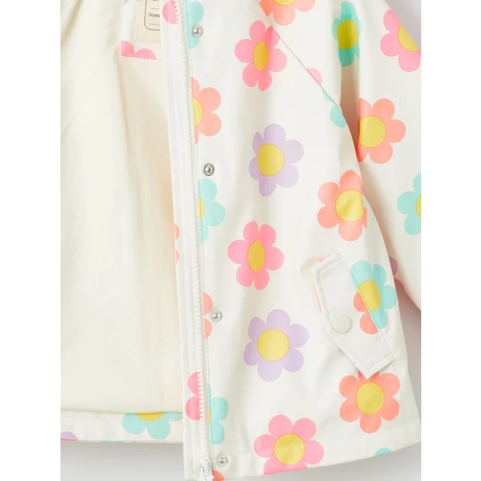 LCW Kids Ekru Kapüşonlu Çiçekli Kız Bebek Yağmurluk