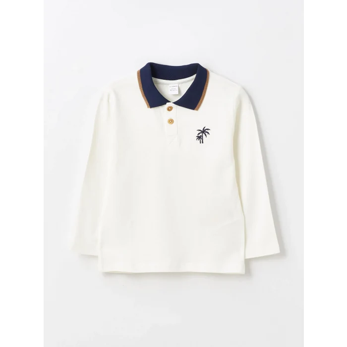 LCW Kids Ekru Polo Yaka Uzun Kollu Baskılı Erkek Bebek Tişört