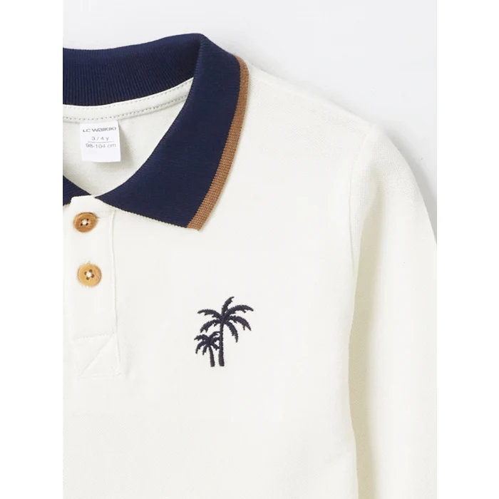 LCW Kids Ekru Polo Yaka Uzun Kollu Baskılı Erkek Bebek Tişört