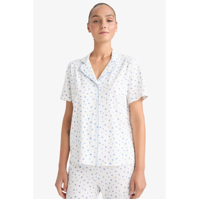 Defacto F7547AXER85 Ekru Pijama Takımı Regular Fit Desenli Kısa Kollu Üst Uzun Alt