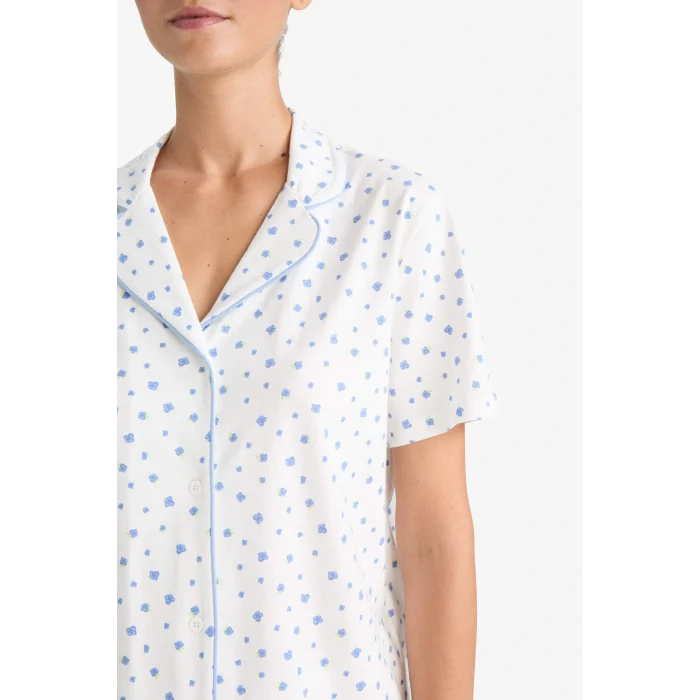 Defacto F7547AXER85 Ekru Pijama Takımı Regular Fit Desenli Kısa Kollu Üst Uzun Alt