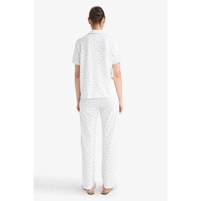 Defacto F7547AXER85 Ekru Pijama Takımı Regular Fit Desenli Kısa Kollu Üst Uzun Alt