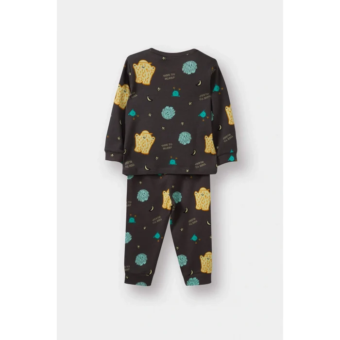 Defacto F0549A5GR164 Gri Erkek Bebek Pijama Takımı Uzay Baskılı Uzun Kollu Üst Uzun Alt