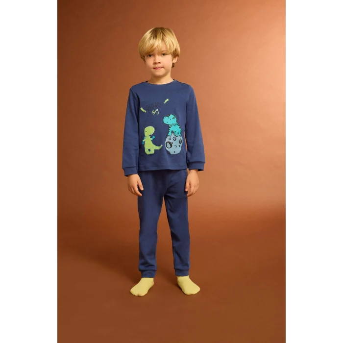 Defacto F0530A5IN59 İndigo Erkek Bebek Pijama Takımı Dinozor Baskılı Uzun Kollu Üst Uzun Alt