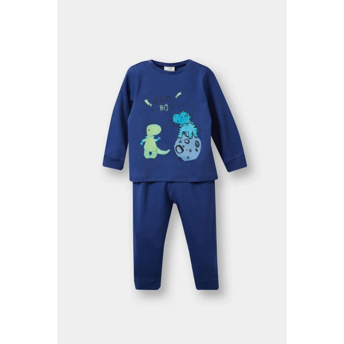 Defacto F0530A5IN59 İndigo Erkek Bebek Pijama Takımı Dinozor Baskılı Uzun Kollu Üst Uzun Alt