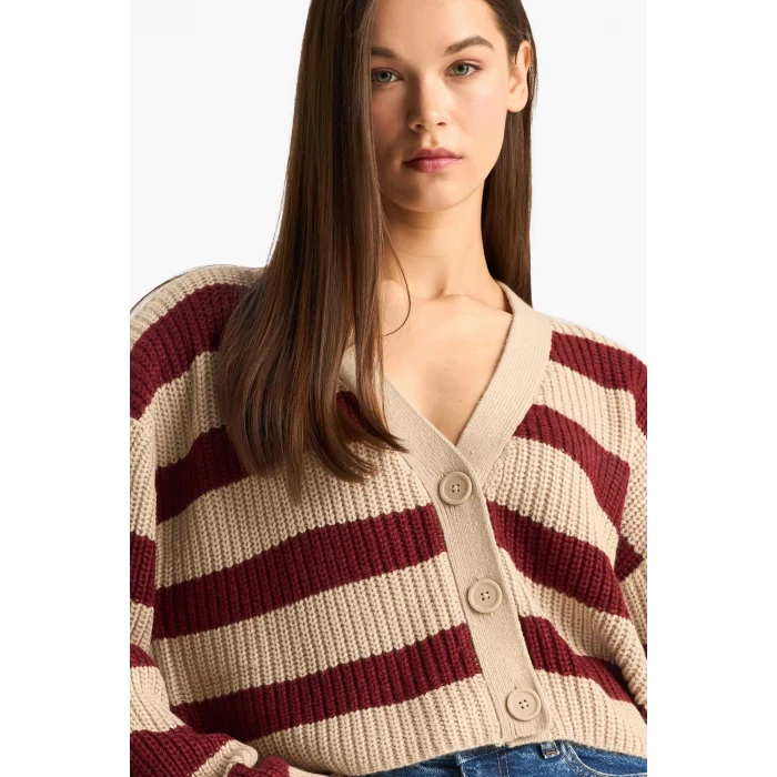 Defacto Z8539AZBG644 Bej Regular Fit V Yaka Çizgili Düğmeli Triko Hırka