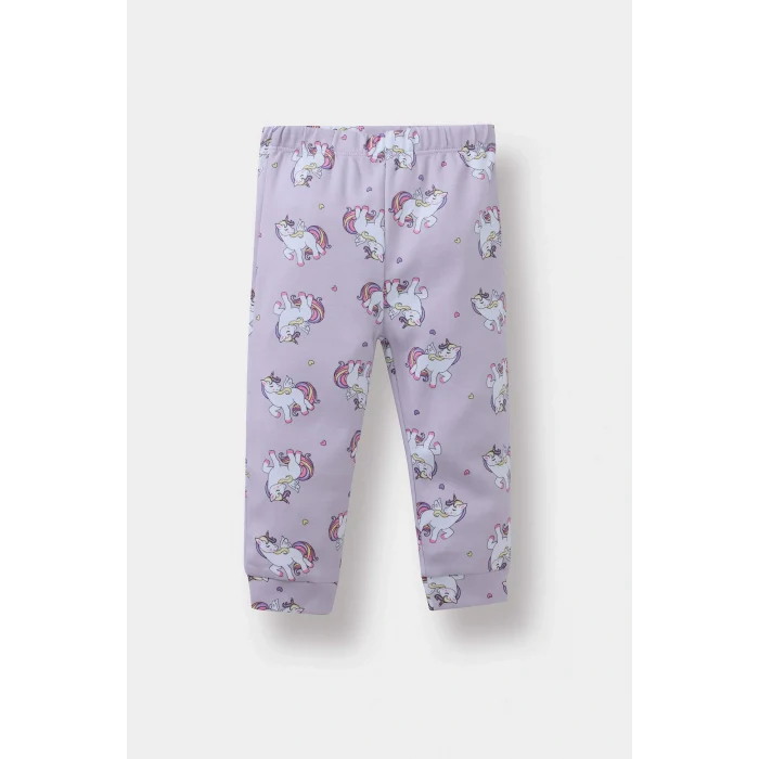 Defacto F0632A5PR306 Mor Kız Bebek Pijama Takımı Unicorn Baskılı Uzun Kollu Üst Uzun Alt