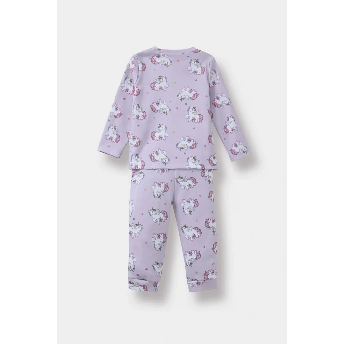 Defacto F0632A5PR306 Mor Kız Bebek Pijama Takımı Unicorn Baskılı Uzun Kollu Üst Uzun Alt