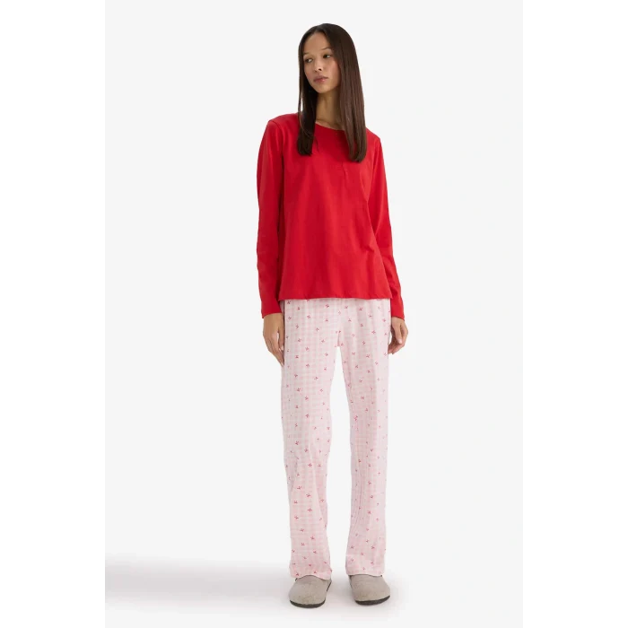 Defacto G1531AXRD256 Kırmızı Pijama Takımı Regular Fit Uzun Kollu Üst Desenli Uzun Alt