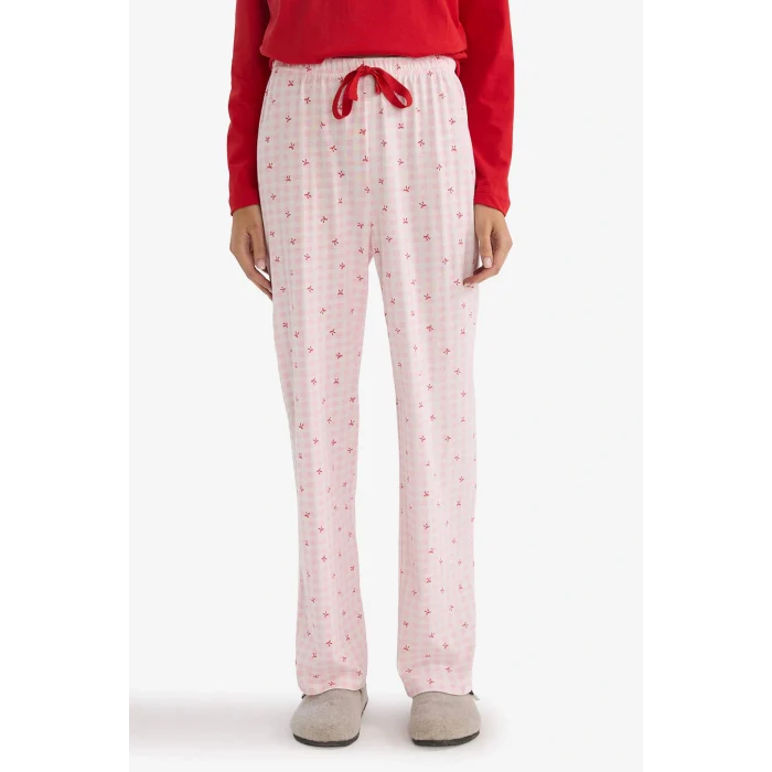 Defacto G1531AXRD256 Kırmızı Pijama Takımı Regular Fit Uzun Kollu Üst Desenli Uzun Alt