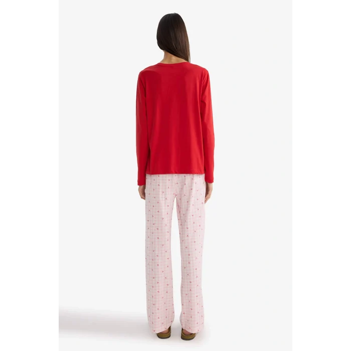 Defacto G1531AXRD256 Kırmızı Pijama Takımı Regular Fit Uzun Kollu Üst Desenli Uzun Alt