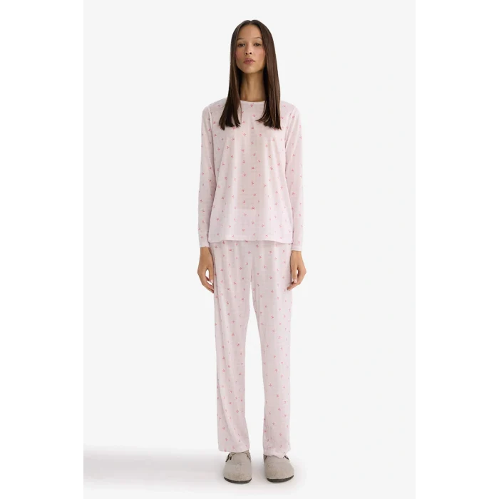 Defacto G6431AXPN648 Pembe Pijama Takımı Regular Fit Desenli Uzun Kollu Üst Uzun Alt