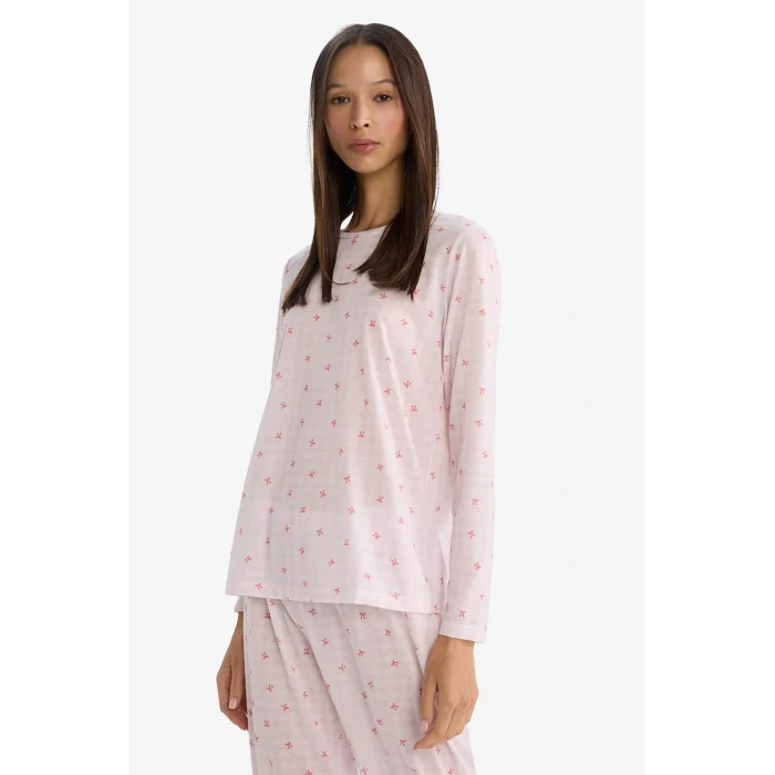 Defacto G6431AXPN648 Pembe Pijama Takımı Regular Fit Desenli Uzun Kollu Üst Uzun Alt