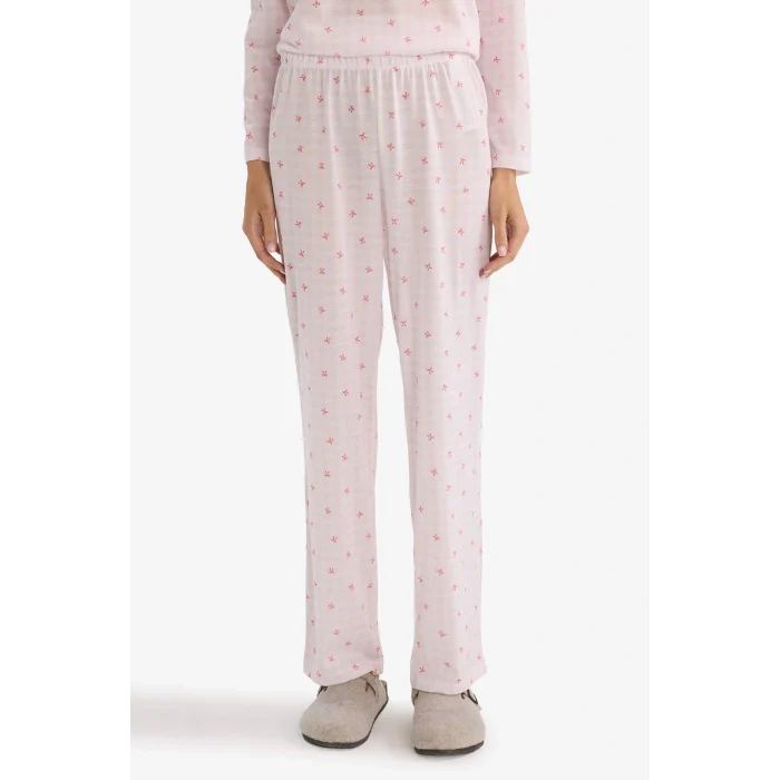 Defacto G6431AXPN648 Pembe Pijama Takımı Regular Fit Desenli Uzun Kollu Üst Uzun Alt