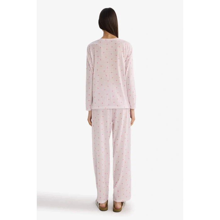 Defacto G6431AXPN648 Pembe Pijama Takımı Regular Fit Desenli Uzun Kollu Üst Uzun Alt