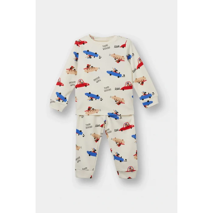 Defacto F0555A5ER233 Ekru Erkek Bebek Pijama Takımı Araç Baskılı Uzun Kollu Üst Uzun Alt