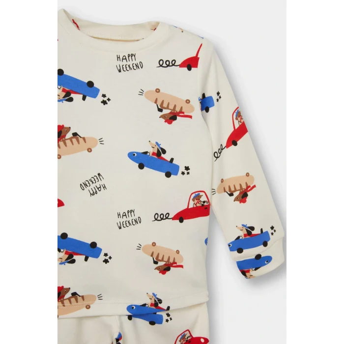 Defacto F0555A5ER233 Ekru Erkek Bebek Pijama Takımı Araç Baskılı Uzun Kollu Üst Uzun Alt
