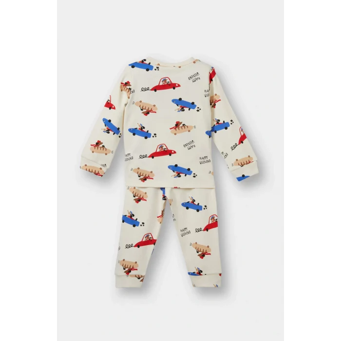 Defacto F0555A5ER233 Ekru Erkek Bebek Pijama Takımı Araç Baskılı Uzun Kollu Üst Uzun Alt