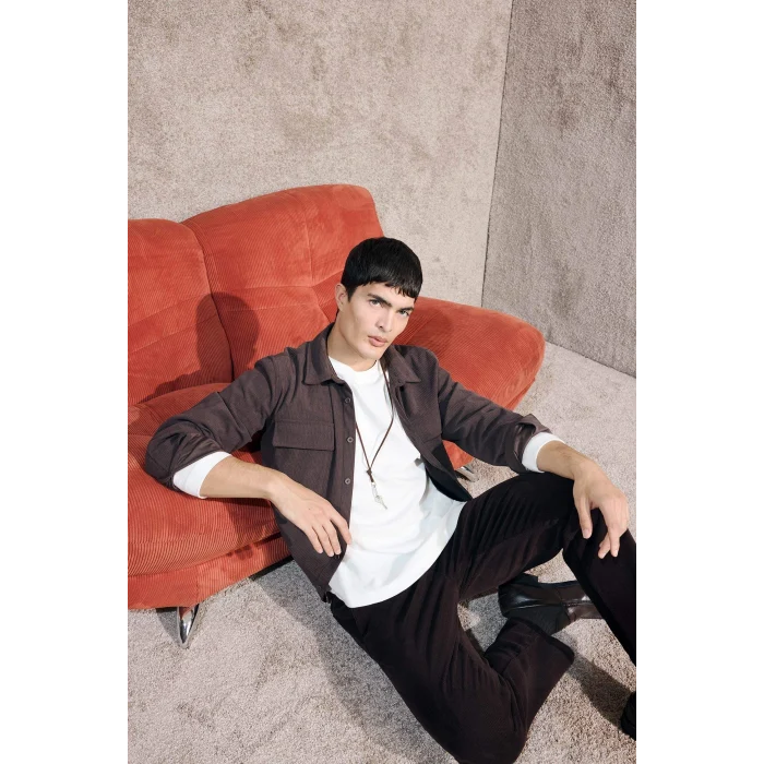 Defacto F1619AXBN337 Kahve Regular Fit Fitilli Kadife Uzun Kollu Gömlek