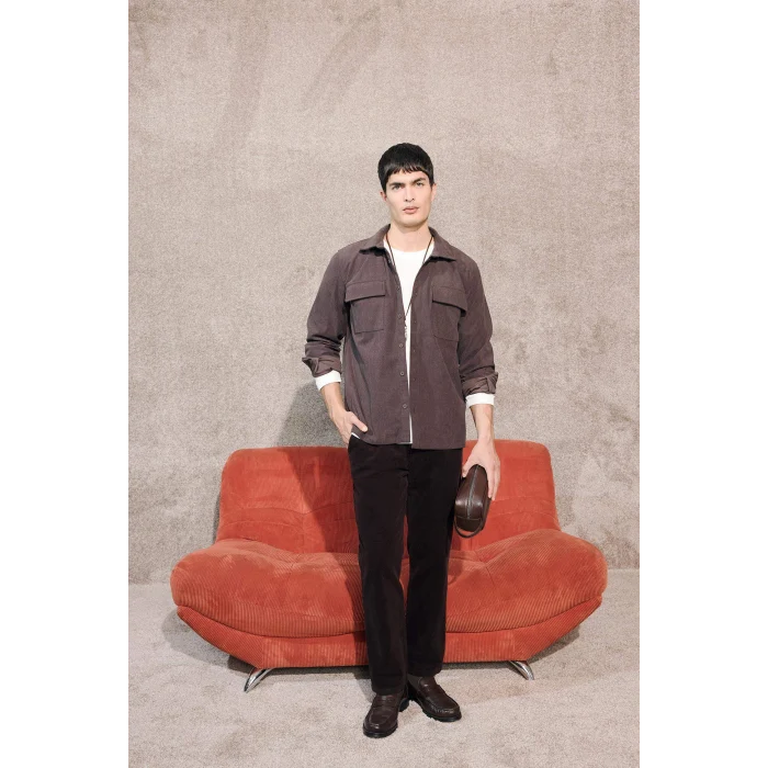 Defacto F1619AXBN337 Kahve Regular Fit Fitilli Kadife Uzun Kollu Gömlek