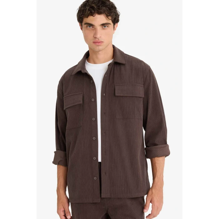 Defacto F1619AXBN337 Kahve Regular Fit Fitilli Kadife Uzun Kollu Gömlek